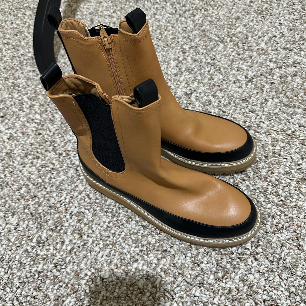 Tan Leather Ankle Boots with Black Accents